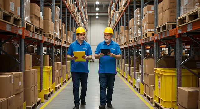 Two Warehouse Workers with Tablet and Clipboard Inspecting Stock While Walking Down Aisle photo
