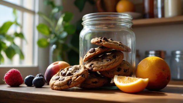 Freshly baked chocolate chip cookies in a glass jar surrounded by vibrant fruits on a wooden table photo
