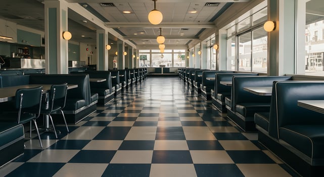 A long empty restaurant with a checkered floor photo