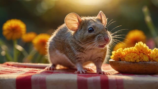 A curious mouse exploring a vibrant garden, surrounded by flowers and sunlight, creating a serene atmosphere photo