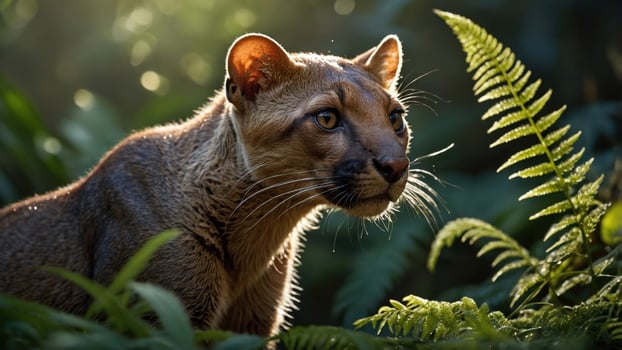 A close-up of a wild feline in a lush green forest, observing its surroundings with keen interest photo