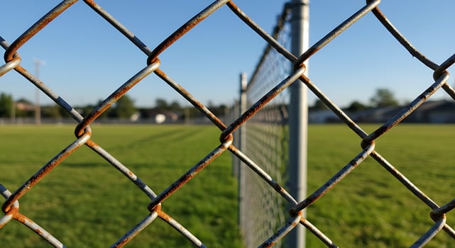 A chain link fence with a grassy field in the background photo