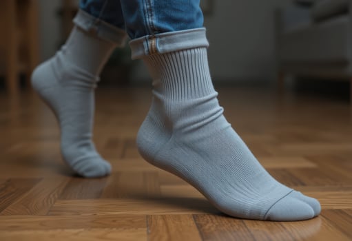 A person wearing blue jeans and white socks photo