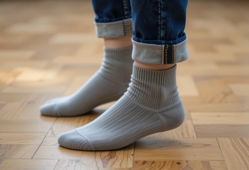 A person wearing gray socks on a wooden floor photo