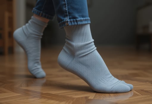A woman's feet in blue socks standing on a wooden floor photo