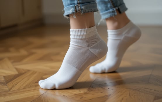 A woman wearing white socks standing on a wooden floor photo