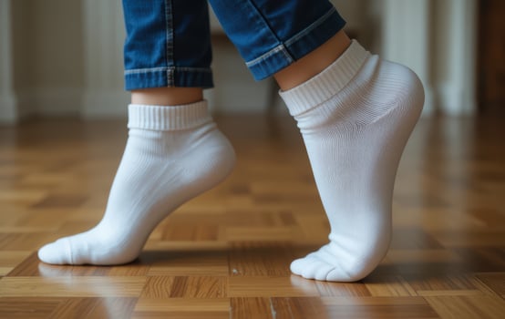 A woman's feet in white socks standing on a wooden floor photo