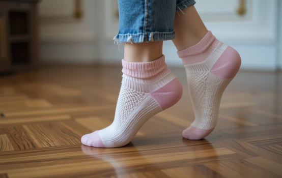 A woman's feet in pink socks standing on a wooden floor photo
