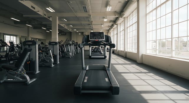 A gym with tread machines and windows photo