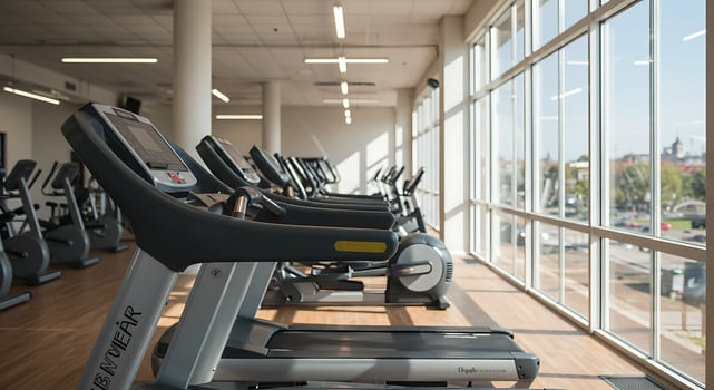 Treadmills Aligned in Bright Gym with Panoramic Window View photo