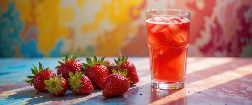 A glass of strawberry juice with a strawberry on the table photo