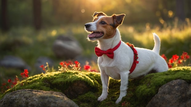 Playful dog in a red bowtie stands on mossy rocks surrounded by flowers in a sunlit forest photo