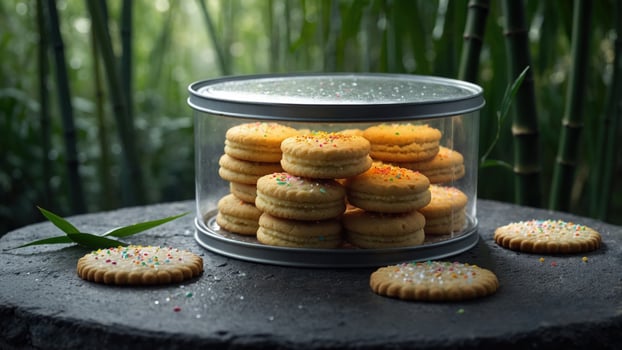A glass container filled with colorful cookies placed on a stone surface amidst a bamboo forest photo