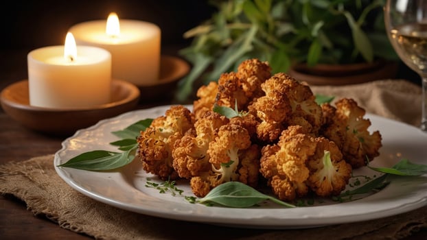 Golden-brown roasted cauliflower garnished with fresh herbs, set on a rustic table with candles photo