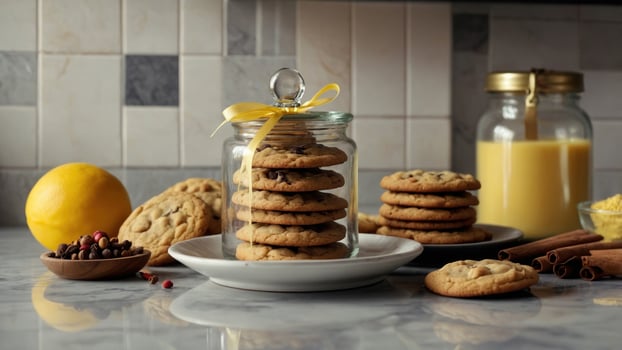 Delicious assortment of cookies in a glass jar with lemon and spices on a marble countertop photo