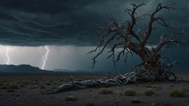 Striking landscape of a gnarled tree under a stormy sky with lightning illuminating the dark clouds photo
