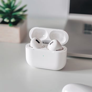 White wireless earbuds in case on a light desk with a plant in the background. photo