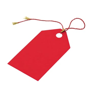 Blank Red Price Tag or Gift Label with Gold and Red String, Isolated on White photo