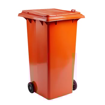 Bright Orange Plastic Trash Can with Lid and Wheels on White Background photo