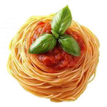 Delicious spaghetti nest with rich tomato sauce and fresh basil sprig photo