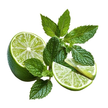 Fresh Lime Halves, Wedges, and Mint Leaves Isolated on White Background photo