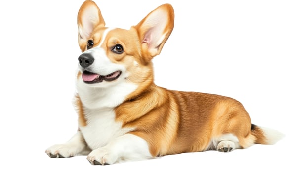 Happy Pembroke Welsh Corgi Lying Down on White Background, Looking Up photo