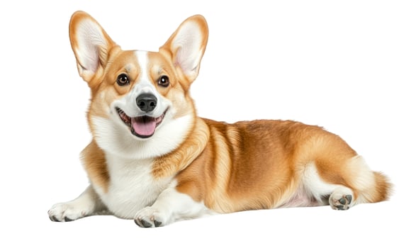 Happy Pembroke Welsh Corgi Lying Down on White Background, Smiling Dog Portrait photo