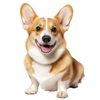 Cheerful Pembroke Welsh Corgi Sitting Upright with a Big Smile on a Plain White Background photo