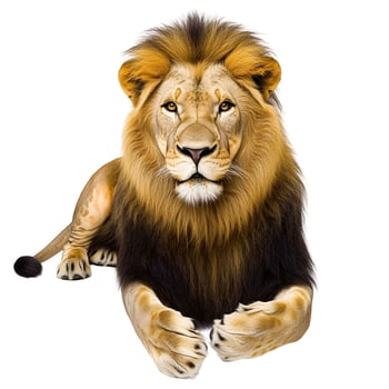 Majestic male lion lying down, full body shot, isolated on white background photo
