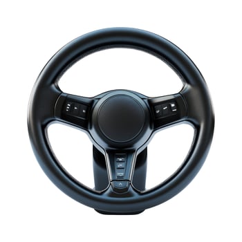 Modern Black Car Steering Wheel with Controls on White Background photo