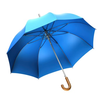 Open Blue Umbrella with Wooden Handle on White Background photo