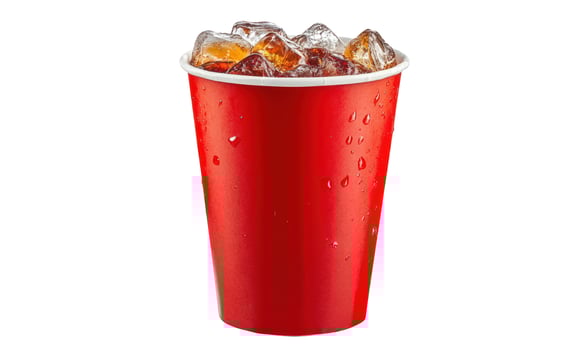Refreshing Cola in Red Cup with Ice Cubes on White Background photo