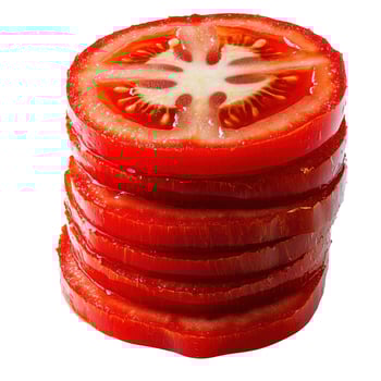 Stack of Fresh Red Tomato Slices with Water Droplets Isolated on White Background photo