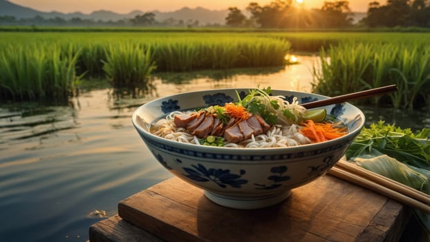 A picturesque bowl of noodles with vegetables and meat, set against a serene rice field at sunset photo
