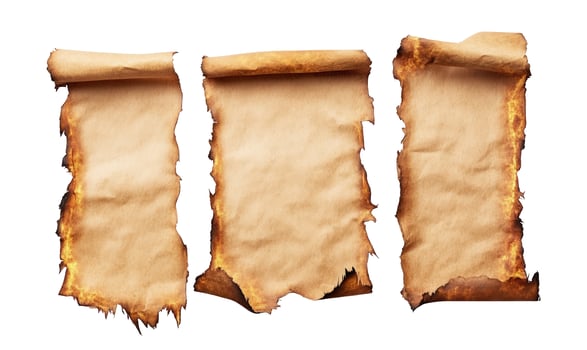 Three Aged Parchment Scrolls with Burnt Edges on White Background photo