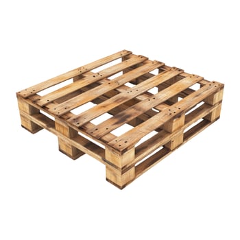 Used wooden shipping pallet isolated on white background, industrial logistics equipment photo