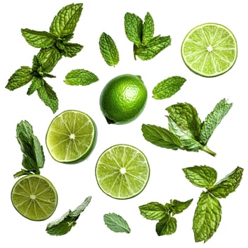 Vibrant Green Limes and Fresh Mint Leaves Isolated on White photo
