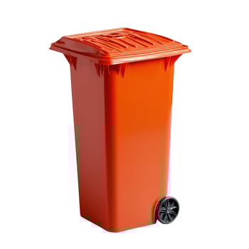 Vibrant orange plastic trash can with wheels on white background photo