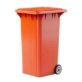 Vibrant Orange Plastic Recycling Bin with Wheels on White Background photo