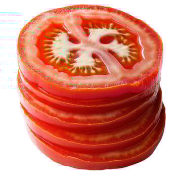 Vibrant red tomato slices stacked vertically, showcasing freshness and juicy texture on a clean white background. photo