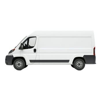 Commercial cargo van with plain white exterior, shown from the side against a white backdrop. photo