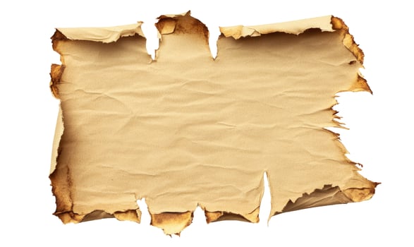 Aged Parchment Paper with Burned Edges Isolated on White Background, Crumpled Texture, Antique Document photo