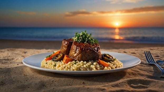 Sunset beach dining with a gourmet meat dish on a plate, surrounded by grains and vegetables photo