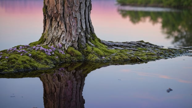 Tranquil lakeside scene featuring a tree trunk with moss and flowers reflecting in calm water at sunset photo