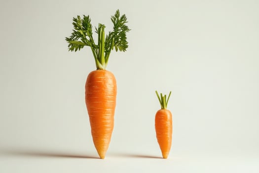 A large carrot and a small carrot side by side on a light background photo