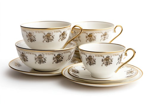 Elegant porcelain teacup and saucer set with gold floral pattern, isolated on white background photo