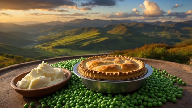 Scenic view of a countryside table setting featuring a pie and mashed potatoes with green peas photo