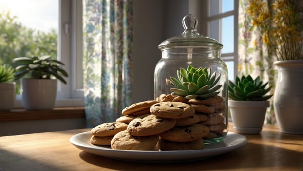 Freshly baked chocolate chip cookies displayed on a wooden table beside a glass jar with succulents photo