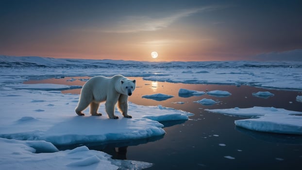 A solitary polar bear walks across a melting ice floe at sunset, reflecting on the calm water photo