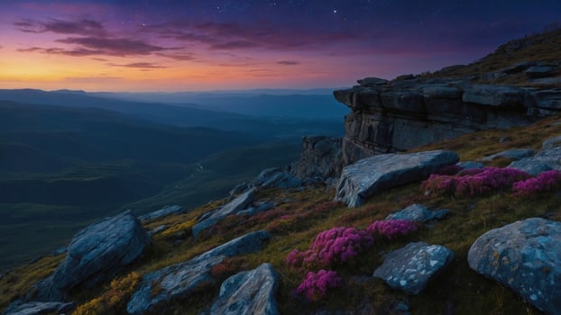 Serene sunset over rocky hills adorned with vibrant wildflowers, showcasing nature's beauty photo